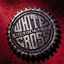 A large, metallic gear on a red background. The gear has the embossed text: "White Cross, High Gear"