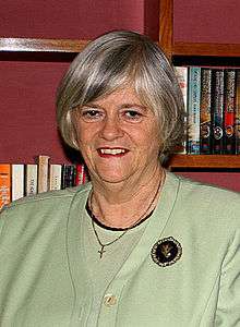 Photograph of the upper body of a 63-year-old Ann Widdecombe wearing a small crucifix