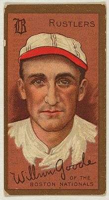 A baseball card image of a strong-nosed man in a white old-time baseball cap and shirt