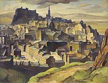 Painting of far view of a town with various building seen.