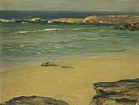 Painting of a sunny beach with yellow sand and large rocks in the foreground merging into turquoise water.