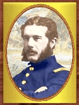 Gold-framed portrait of a white man with brown hair, mustache, and bushy sideburns with his arms crossed. He is wearing a blue military jacket with yellow buttons down the center and a yellow patch on the shoulder.