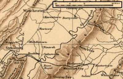 map of Shenandoah Valley region where Civil War battles occurred in 1864