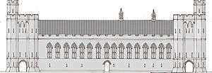A drawing of the front of a castle hall, with two towers at either end and a row of high windows running along with the middle. The drawing is in shades of grey.