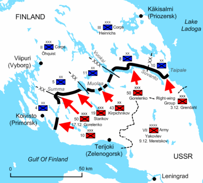 Diagram of the Karelian Isthmus, next to Leningrad, illustrates the positions of the Soviet and Finnish troops early in the war. The Red Army penetrated around 25 to 50 kilometres into Finnish territory on the Isthmus, but was stopped at the defensive Mannerheim Line.
