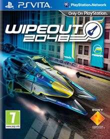 The game's cover art shows an illustration of a futuristic race craft in the centre with shielding around it. A missile is being fired from its starboard. The background contains some talls buildings with advertisement banners draped over them.