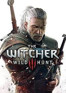 Game cover art, with Geralt pulling out a sword