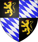 Coat of arms, two fields featuring blue and white rhombuses, the other two a yellow lion on black background