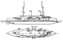 Drawing of a large ship showing top and side views, with guns labeled and armor protection shaded