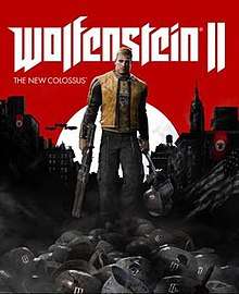 The game's cover art. The text "Wolfenstein II" is in the centre, with the text "The New Colossus" written underneath it, aligned to the left. Underneath and in front of the text is the game's protagonist, B.J. Blazkowicz, walking through a pile of enemy soldiers with Nazi buildings in the background.