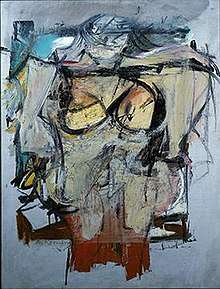 A painting showing a collection of abstract shapes painted in short, sharp strokes, mostly flesh-colored but with blue at the top and red at the bottom, on a gray background. If looked at closely the shapes resolved themselves into roughly an approximation of a nude female figure with exaggerated breasts, sitting with her arms at her side