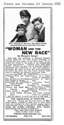 An advertisement for a book entitled "Woman and the New Race". At the top is a photo of a woman, seated affectionately with her two sons.