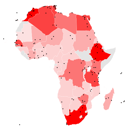 A map of World Heritage sites in Africa as of 2016. The northern, eastern, and southern parts of the continent are relatively dense with sites; in contrast the western coast is home to relatively few.