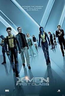 The X-Men and the Hellfire Club walk towards the viewer. From left to right, they are Beast, Professor X, Magneto, Emma Frost, Moira McTaggert, Havok, Mystique, Azazel, Angel Salvadore and Sebastian Shaw. The background and its reflection on the floor form an "X".