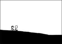 Two stick figures sit on a hill
