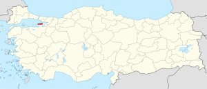Yalova highlighted in red on a beige political map of Turkeym