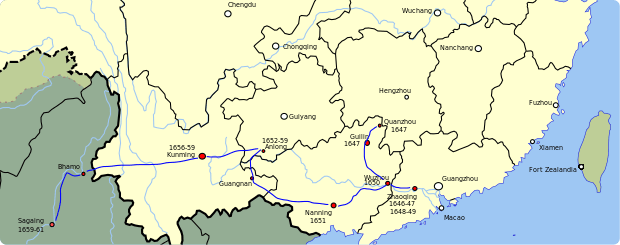 A map of southern China showing provincial boundaries in black, with a blue line running between several cities marked with a red dot.