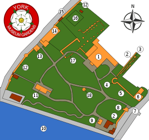Diagram of the grounds inside the gate, showing the location of St. Mary's Abbey, Multiangular Tower, Hospitalium, Observatory, Roman Wall, Lodge, City Wall, and Toilet. The River Ouse is at the bottom. Other buildings are on the periphery, such as St Olave's Church.