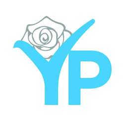 Blue "YP" icon on white background with grey rose outline on "Y"