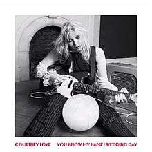 A black-and-white image of a woman sitting on a floor with a guitar and an amplifier, surrounded by a white border. Red block text below reads "Courtney Love You Know My Name/Wedding Day".
