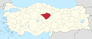 Yozgat highlighted in red on a beige political map of Turkeym
