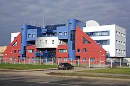 Modernistic building in the colors of the Russian flag
