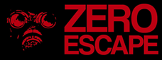 The logo shows a posterized image of the Zero character's gas mask and the text "Zero Escape"; both are in red, and on a black background.