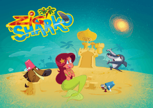A brown hyena, a mermaid with red hair, a hermit crab, and a great white shark on a beach; the shark points to a large sandcastle in the background that he has built for the mermaid.
