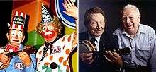 Two sets of colour photos. The clown act, in make-up, are shown at left; they are standing. The performers, without make-up, at right, are seated. The first photo has an eighty year old man wearing a cylindrical shaped hat which is mostly striped in red and white and has the sponsor's logo in white print on a black oval. He holds a banjo and wears a red and white polka dot bow tie, a blue coat with his name printed in red on his top left. The second eighty year old man has his left hand raised in a wave and wears a light blue conical hat with dark blue stripes. The sponsor's name is at the rim on top of his blonde curly wig. He wears a dark blue kerchief, with white polka dots, tied above his shirt. The shirt has large orange circles on white background with his name in red on his top left. His pants show white and green stripes held by a large black button. In the second photo the first man again holds a banjo; he wears a dark suit coat with a dark tie and a light-coloured shirt. The second man wears a light blue and white striped shirt.
