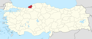 Zonguldak highlighted in red on a beige political map of Turkeym