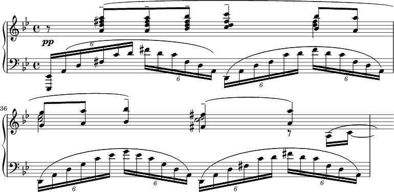 
{
\new PianoStaff
<<
  \new Staff
  {
    \set Score.currentBarNumber = #35
    \clef treble
    \time 4/4
    \key g\minor
    <<
      {
        b'8\rest <a'' fis'' d'' a'>-- ( <a'' fis'' d'' a'>-- <bes'' fis'' d'' bes'>-- <c''' fis'' d'' c''>4-- <bes'' bes'>8 <a'' a'> |
        <g'' g'> <a'' a'> <bes'' bes'>4-- ) <fis'' fis'>-- ( <a'' a'> )
      }
      \\
      {
        s2 s4 <fis'' d''> |
        <ees'' c''>2 <d'' c''>
      }
      \\
      {}
      \\
      {
        \slurUp
        s1 | s2. r8 a16 ( c'~ | \hideNotes c' )
      }
    >>
  }
  \new Dynamics {s8\pp}
  \new Staff
  {
    \clef bass
    \key g\minor
    \times 4/6 {<ees, ees,,>16 a, ( d fis c' d'} \times 4/6 {fis' d' c' fis d a, ) } \times 4/6 {d, ( a, d fis c' d'} \times 4/6 { fis' d' c' fis d a, ) } |
    \times 4/6 {d, ( a, d g c' ees' } \times 4/6 {g' ees' c' g d a,) } \times 4/6 {d, ( a, d fis c' d' } \times 4/6 {fis' d' c' fis d a, ) }
  }
>>
}

