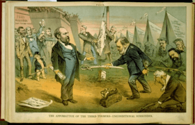 Cartoon showing Ulysses S. Grant handing a sword to James Garfield, who is holding a rolled-up paper.