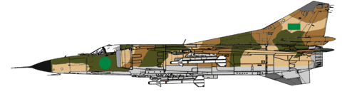 An example of a Mikoyan-Gurevich MIG-23MS in the 1977 to 2011 Libyan Arab Republic Air Force Camo carrying 4 Atoll missiles. Notice the change in the roundel.