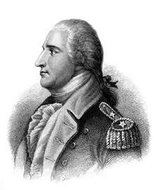 A head and shoulders profile engraving of Benedict Arnold. He is facing left, wearing a uniform with two stars on the shoulder epaulet. His hair is tied back.
