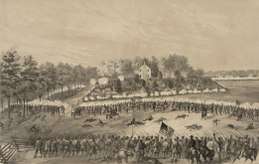 Lines of soldiers fire at each other, with houses in the background